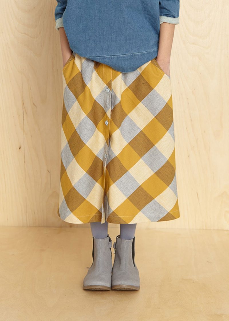 długa spódnica dla dziewczynki, dziewczęca, w kratkę szaro-żółtą, na gumke, z kieszeniami, do szkoły