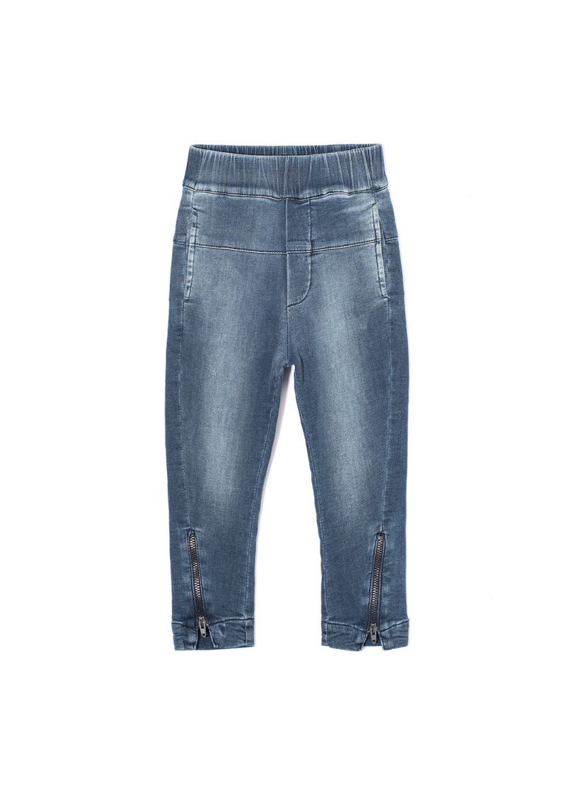 spodnie jeansowe dla chłopca, dla dziecka, z jeansu, z denimu, denimowe, na gumkę, z suwakami na dole nogawek