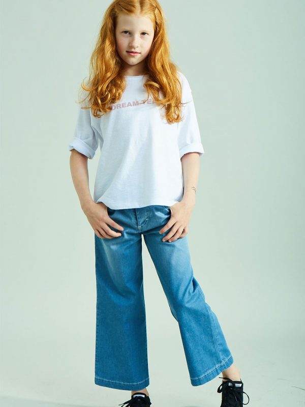 niebieskie, jeansowe, szerokie spodnie dziecięce, z jeansu, dla dziecka, dla dziewczynki, denimowe kuloty, z szerokimi nogawkami, z denimu