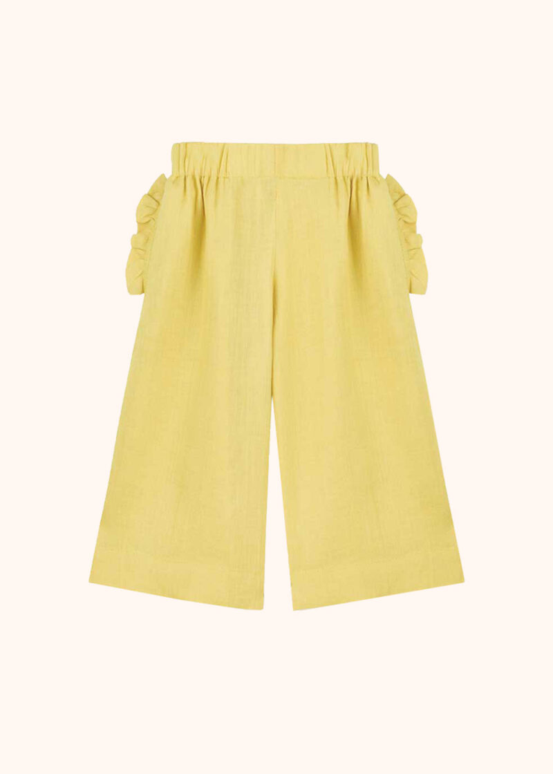 żółte spodnie typu kuloty, z lnu, lniane, dla dziewczynki, dziewczęce, z kieszeniami, z falbankami, polski len,