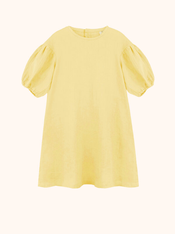 żółta sukienka z lnu, lniana, dziewczęca, z krótkim rekawem, z bufkami