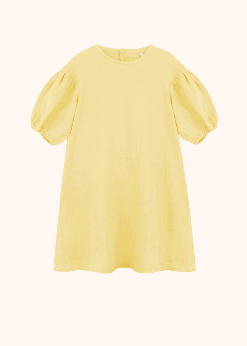żółta sukienka z lnu, lniana, dziewczęca, z krótkim rekawem, z bufkami