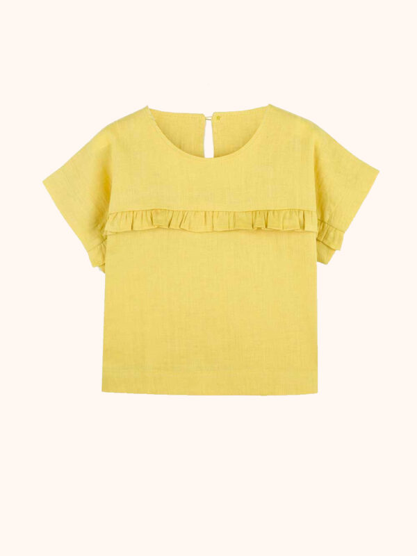żółta bluzka dziewczęca z lnu, lniana, z krótkim rękawem, z falbanką, polski len