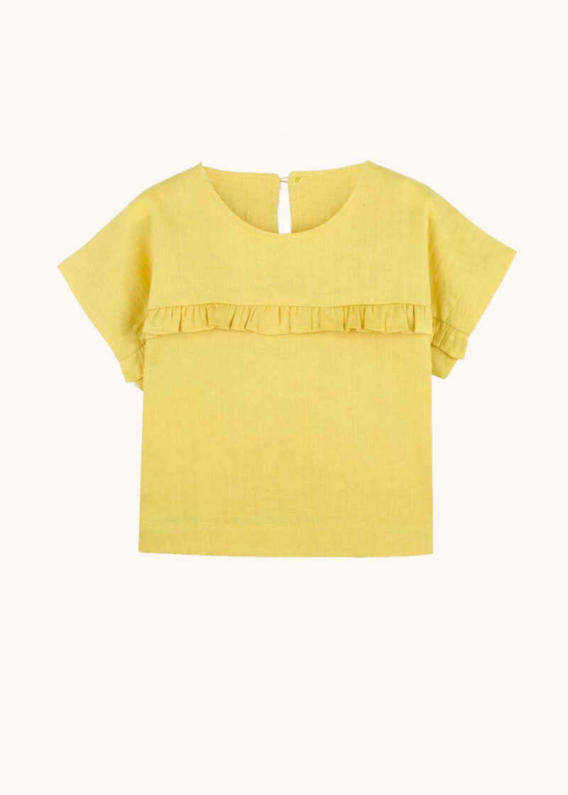 żółta bluzka dziewczęca z lnu, lniana, z krótkim rękawem, z falbanką, polski len