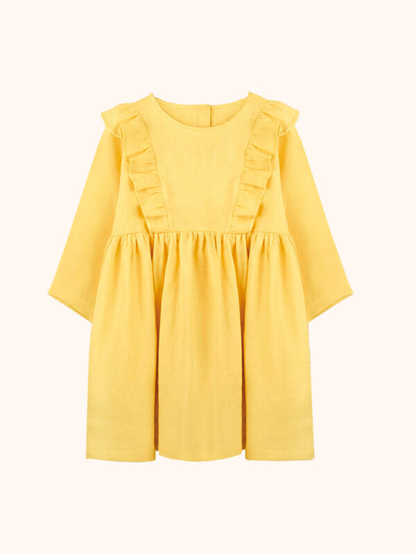 żółta sukienka z lnu, lniana, dla dziewczynki, dziewczęca, dziecięca, z falbankami,