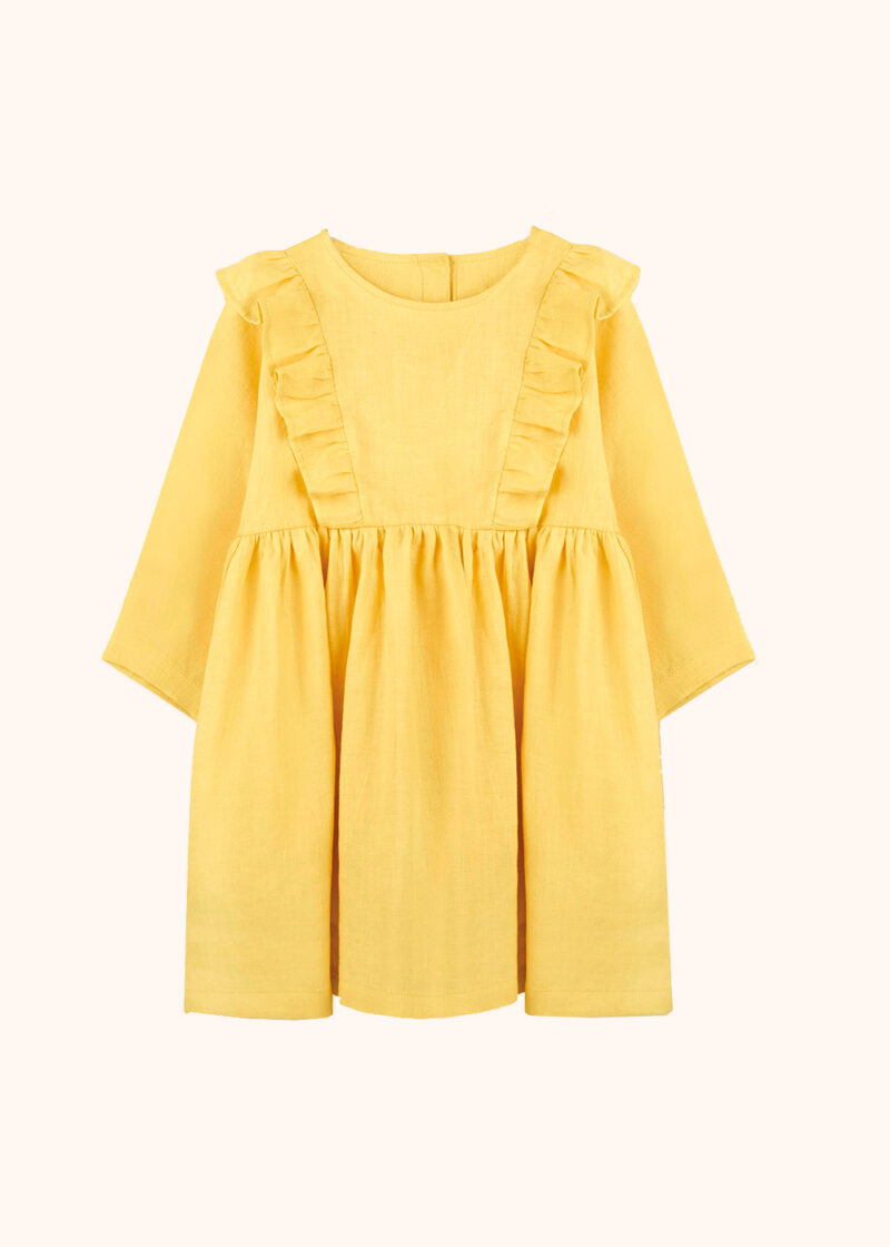 żółta sukienka z lnu, lniana, dla dziewczynki, dziewczęca, dziecięca, z falbankami,
