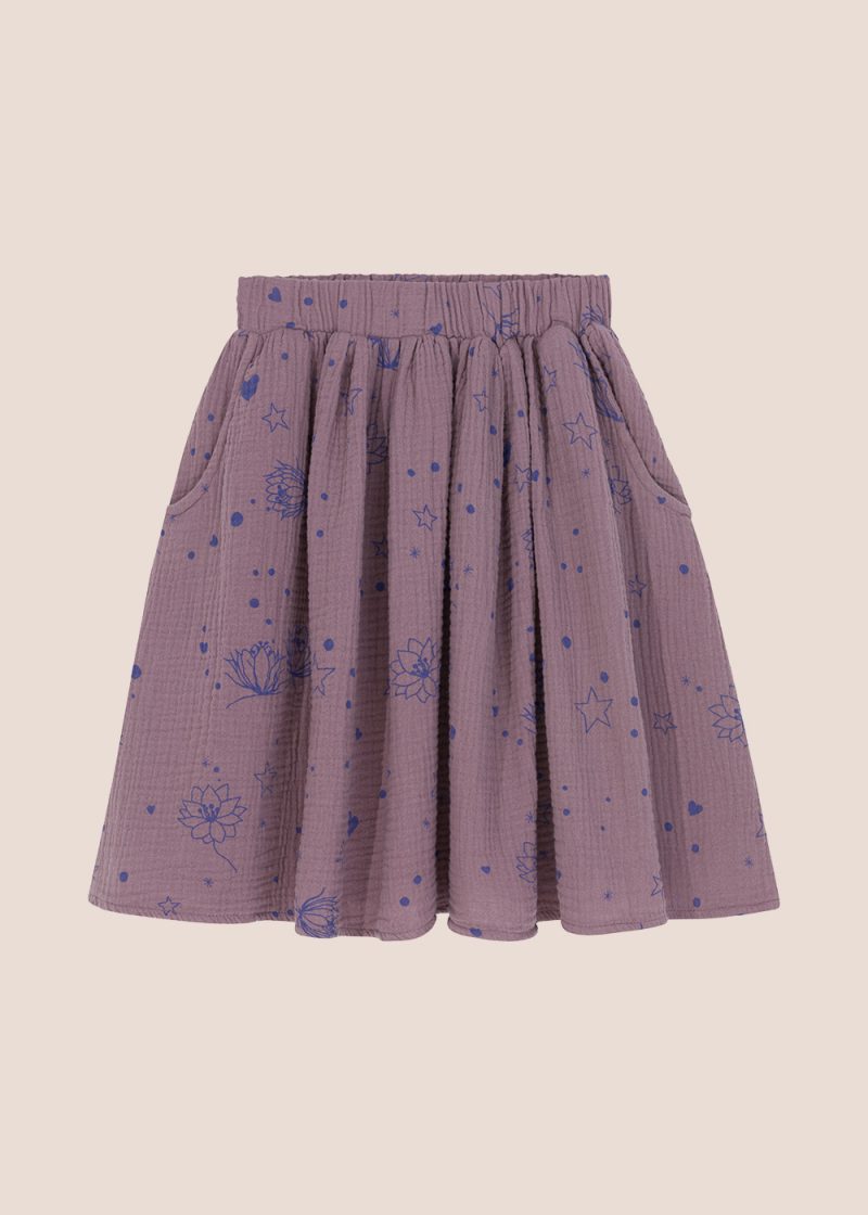 Starflower skirt purple, fioletowa spódnica z muślinu, muślinowa, do kolan, z kieszeniami, bawełna organiczna