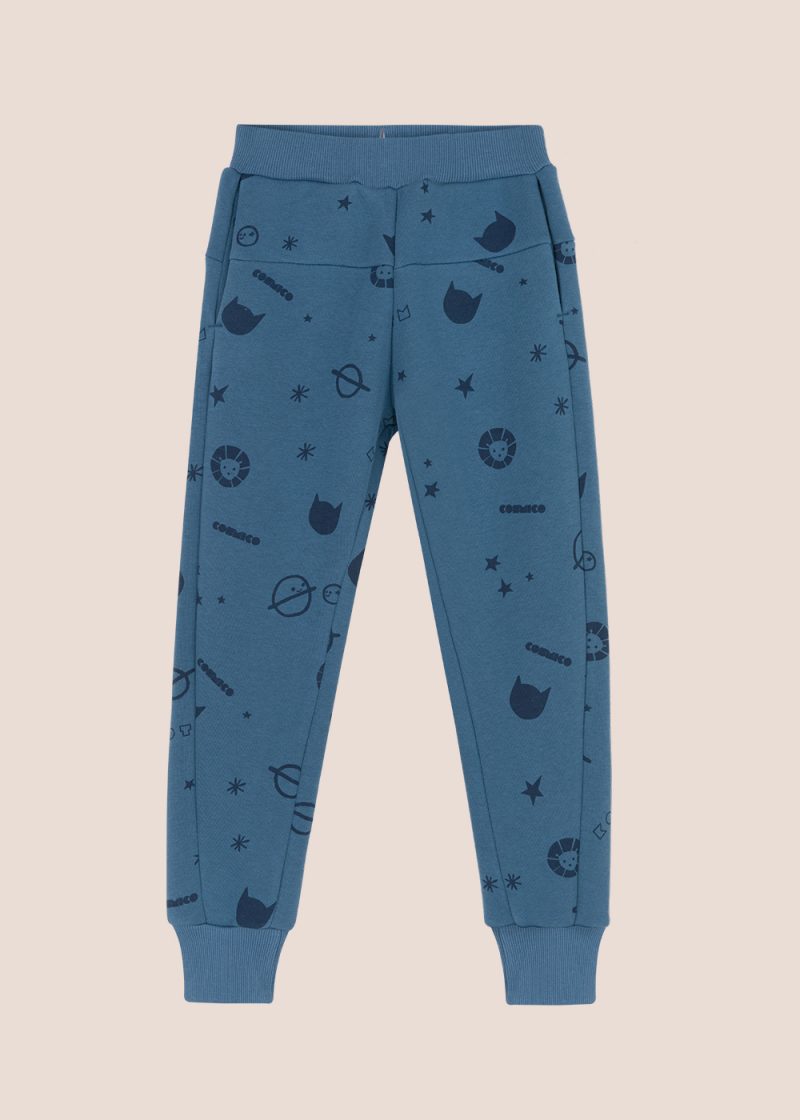 spodnie dresowe, granatowe joggersy, navy blue joggers, allover print joggers, cosmi print