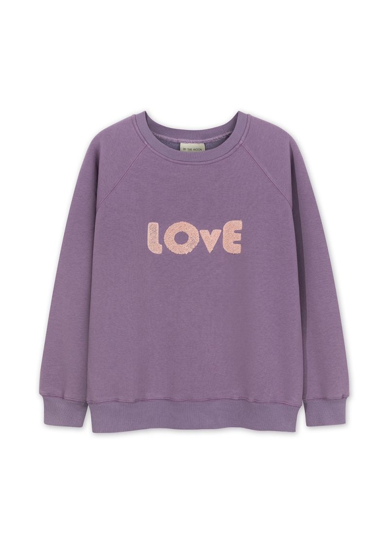 fioletowa damska bluza z nadrukiem love, purple love sweatshirt, modna bluza dla niej, lawendowa, bawełniana, dzianinowa