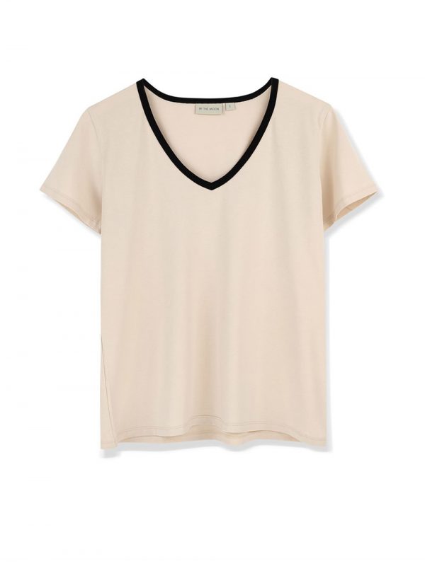 damski t-shirt ecru z dekoltem w serek, z dekoltem v, koszulka damska bawełniana bezowa