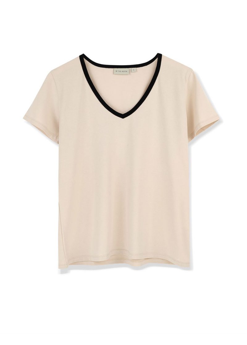 damski t-shirt ecru z dekoltem w serek, z dekoltem v, koszulka damska bawełniana bezowa