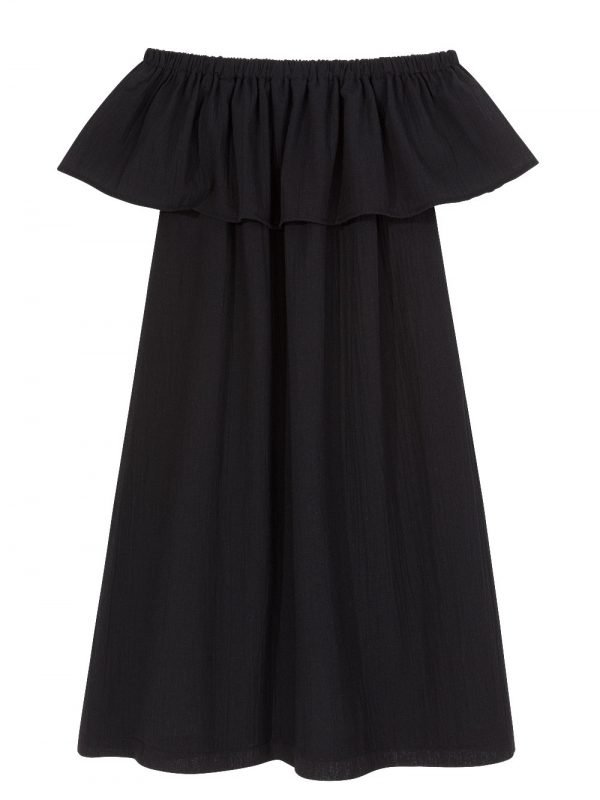 sukienka Noir Bardot, kobieca , czarna, sukienka, “bardotka”, z kreszowanego batystu, bawełniana, 100% bawełny, z odsłoniętymi ramionami, z dekoltem, a la lata 60
