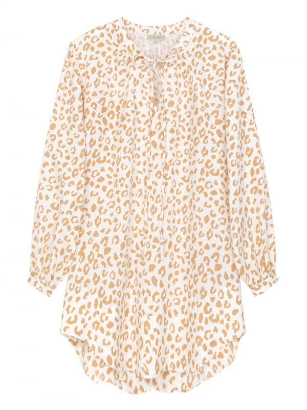 tunika Golden Leopard, damska, bawełniana sukienka koszulowa, tunika, do kolan, wiązana na sznurki, z dekoltem, długim rękawem, w panterkę 100% bawełna organiczna,