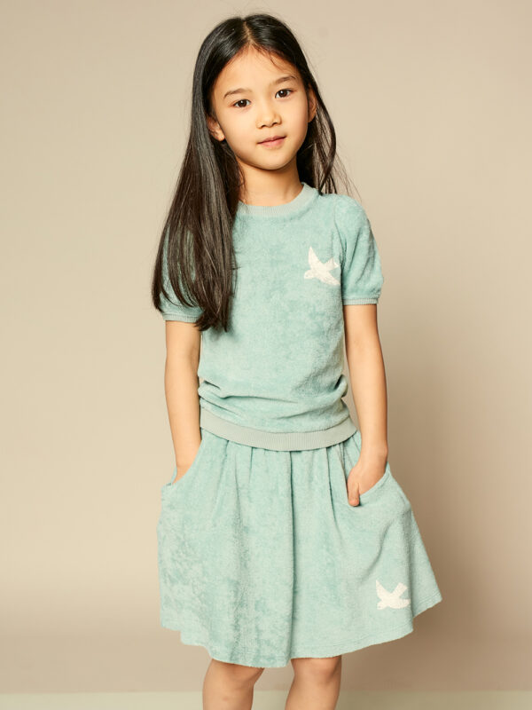frotowa bluzeczka i spódniczka dziewczęca w kolorze mietowym, z bawełny organicznej