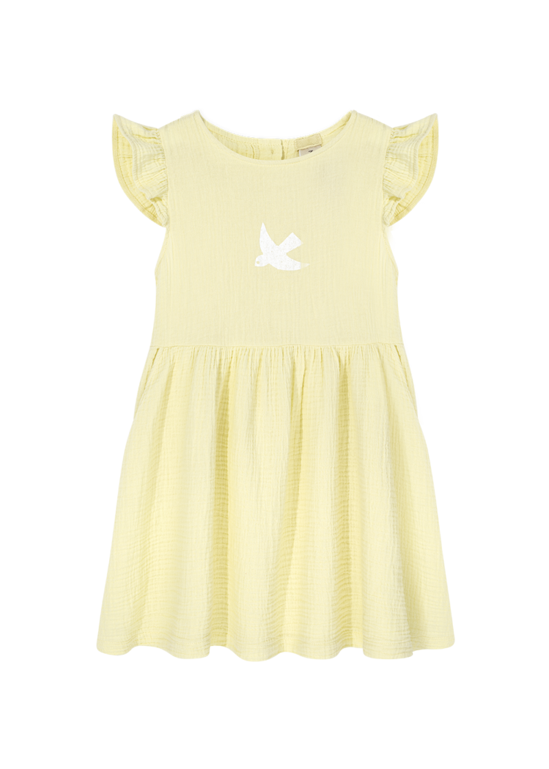 kanarkowa sukienka z muslinu, muslinowa żółta sukienka, bawełna organiczna, sukienka z nadrukiem jaskółki