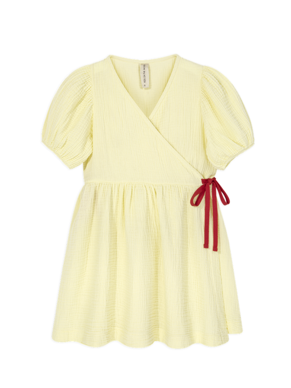 kanarkowa sukienka muślinowa, żółta sukienka z muslinu, kopertowa sukienka wiązana na kokardkę, z bawełny organicznej
