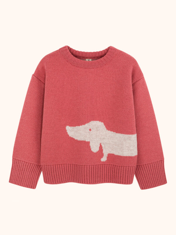 sweter malinowy, sweter z pieskiem, sweter z przędzy włoskiej, dziecięcy,