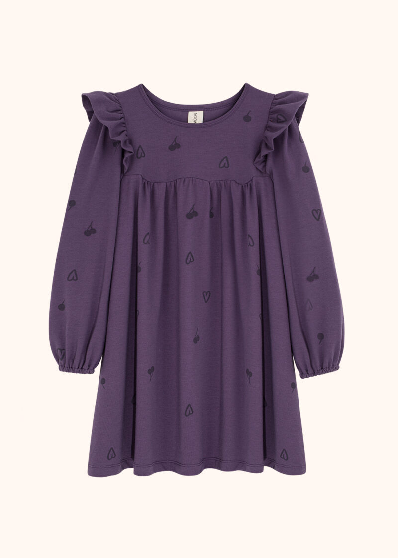 sukienka jagodowa, sukienka fioletowa, sukienka we wzory, sukienka w serduszka, sukienka z falbanką, sukienka na jesień, violet dress, cotton dress