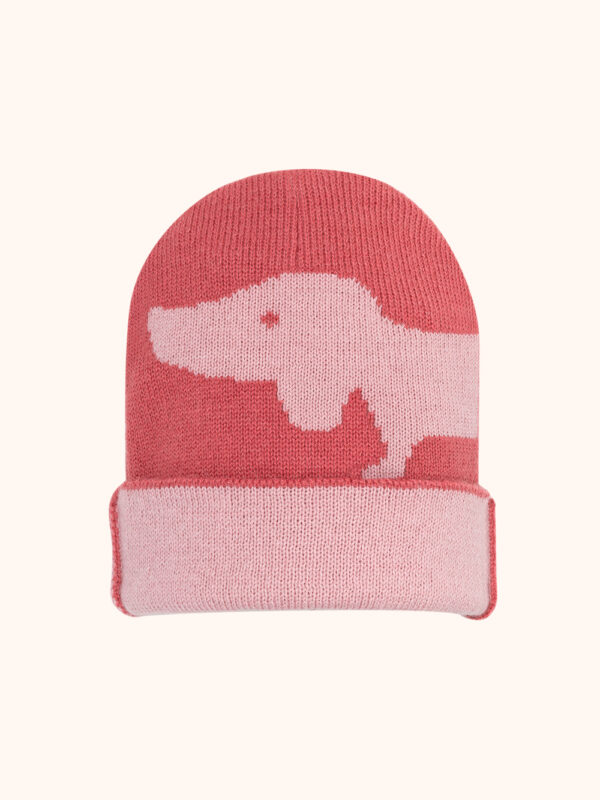 czapka zimowa, czapka zimowa dziecięca, czapka zimowa z pieskiem, malinowo różowa, winter beanie, rowan beanie, for kids, beanie with a dog