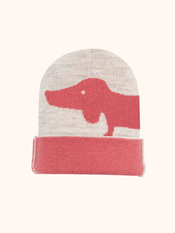zimowa czapka, zimowa czapka dziecięca, ciepła czapka zimowa, czapka z pieskiej, beżowo-malinowa, winter beanie, beanie with a dog, for kids