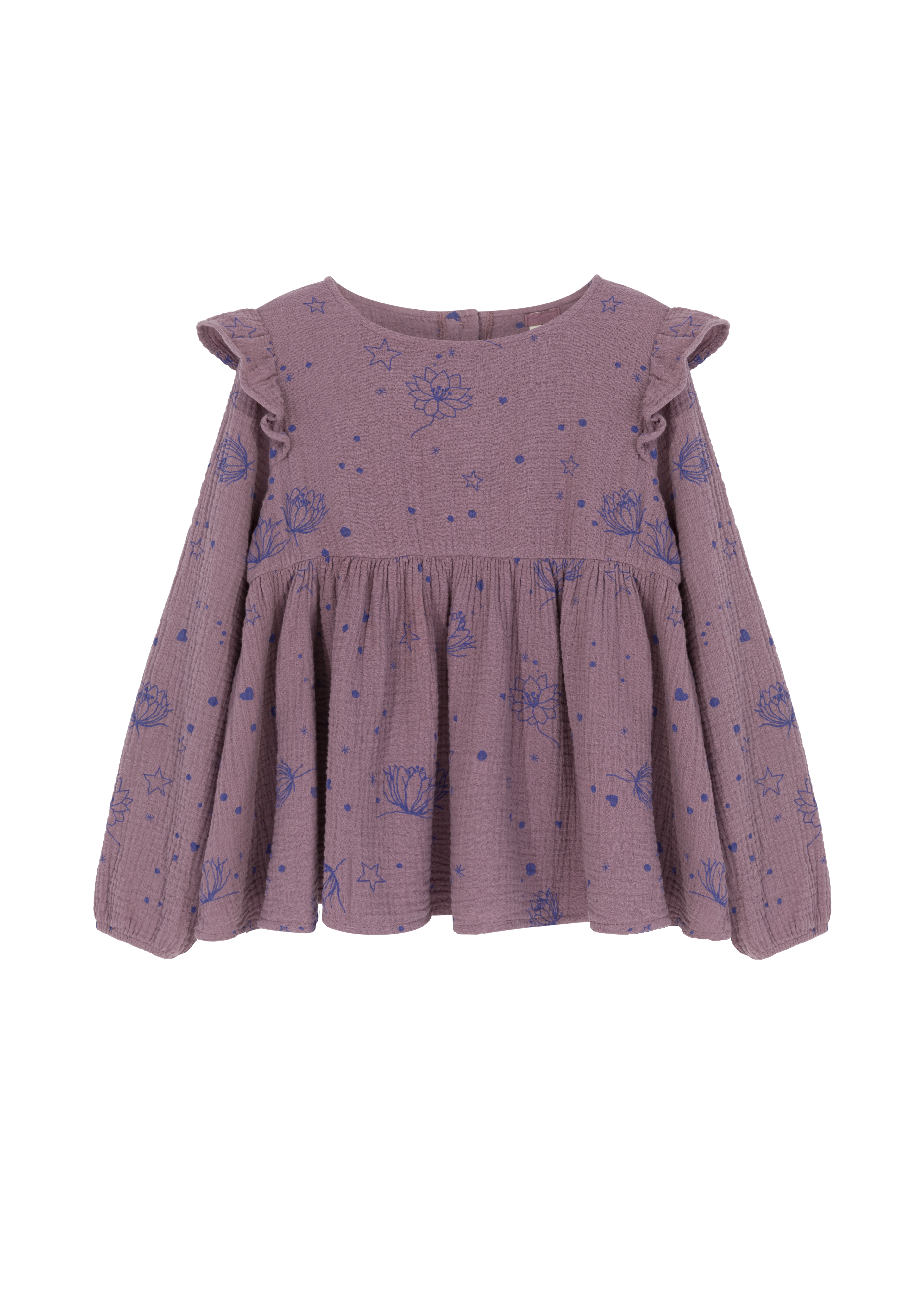 fioletowa bluzka, dla dzieci, bluzka z falbankami, bluzka we wzory, bluzka z bawełny organicznej, organic cotton blouse, purple blouse, for kids