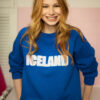 niebieska bluza damska z haftem Iceland, ciepła damska bluza dzianinowa z nadrukiem Iceland