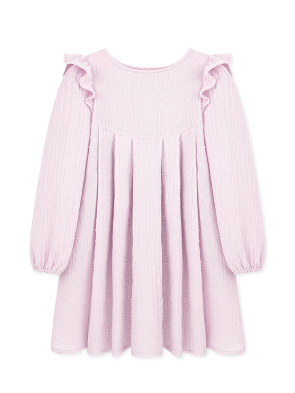 różowa sukienka, sukienka muslinowa, dla dzieci, sukienka z falbankami, sukienka z bawełny organicznej, rose dress, for kids, organic cotton dress