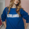 damska bluza z nadrukiem Iceland, niebieska bluza dzianinowa z haftem chenille