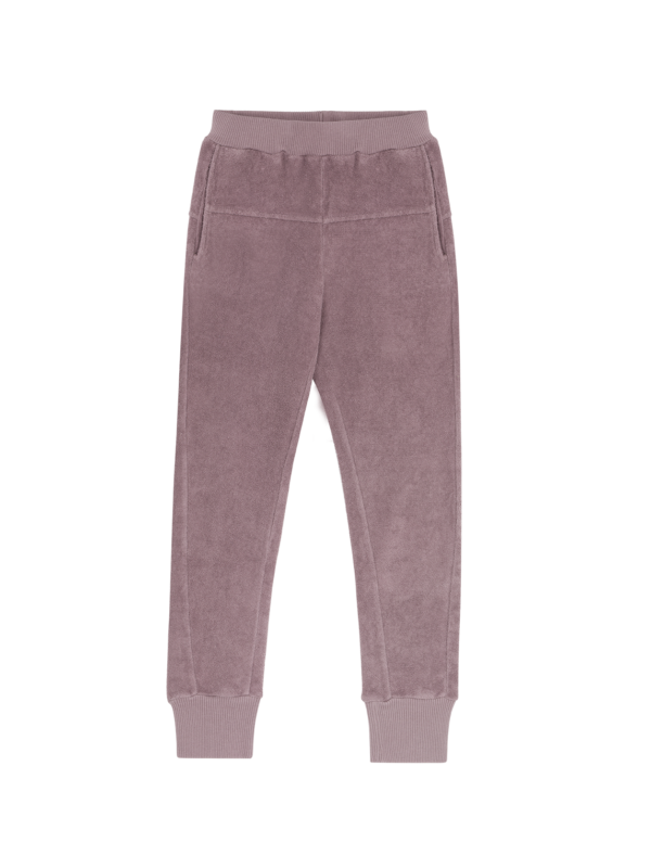 frotowe spodnie dresowe, fioletowe, bawełna organiczna