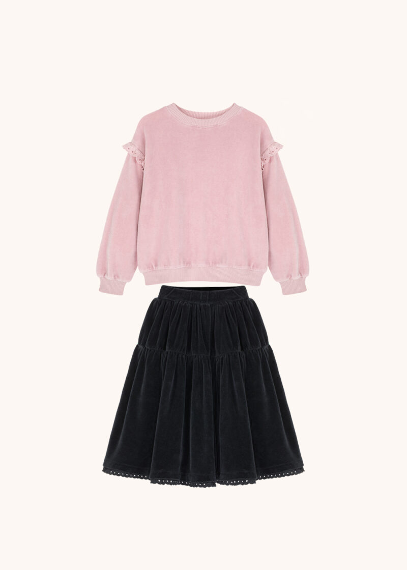 bluza welurowa różowa dla dziewczynki, czarna spódnica welurowa, 100% bawełna, bawłniana bluza i spódnica dziewczęca