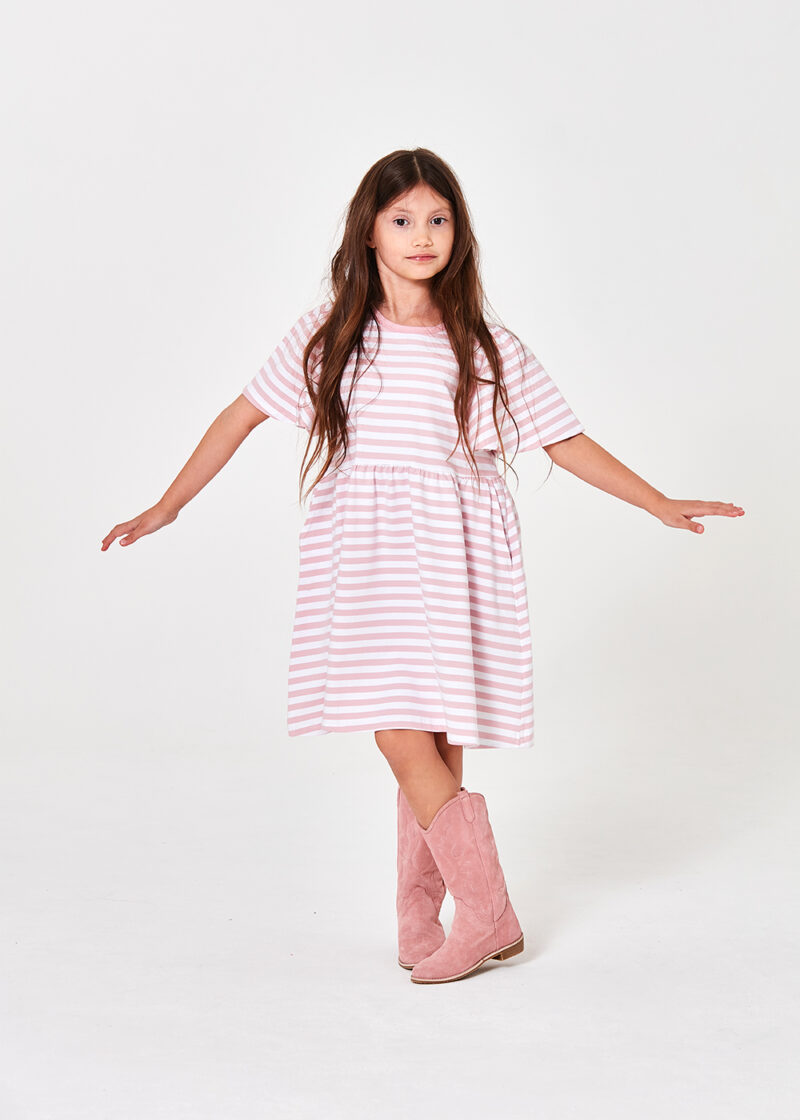 dziecięca sukienka za kolano w paski, rózowe paski, bawełniana sukienka