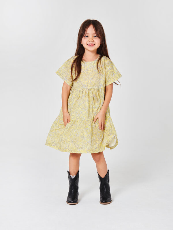 kaskadowa sukienka dziewczęca z motywem Paisley, żółta sukienka z krótkim rekawek, w kolorze zółtym, za kolana