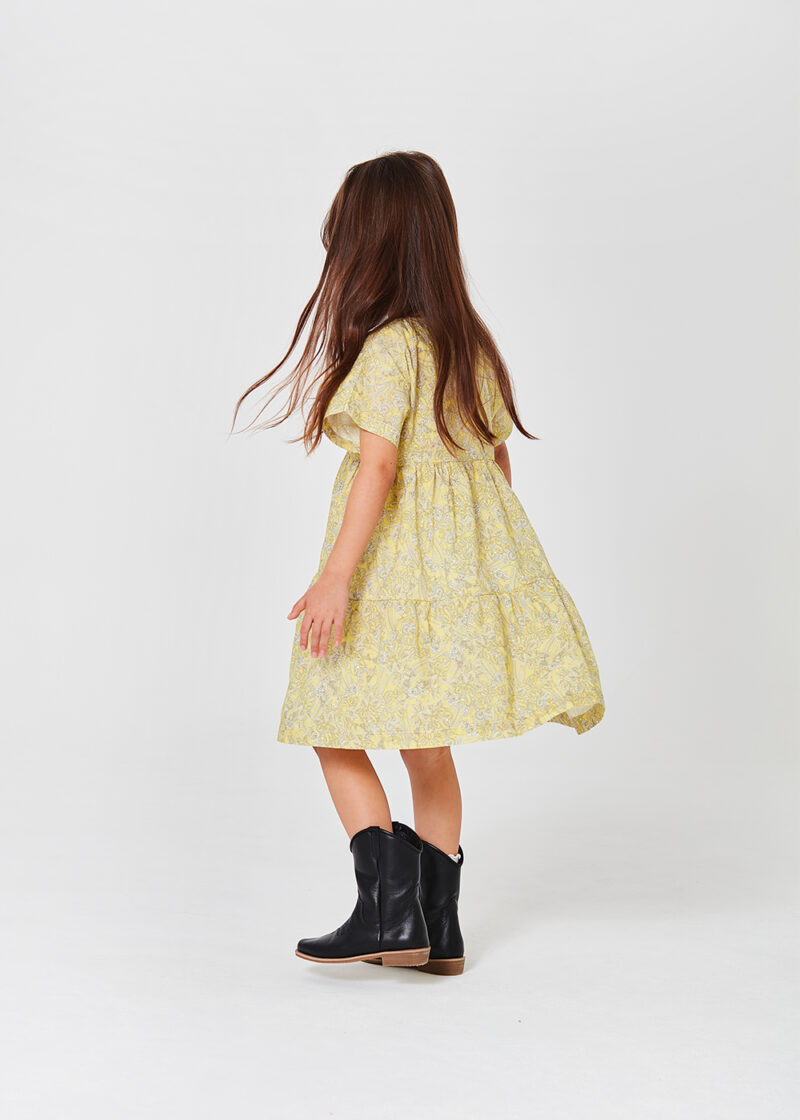 żółta sukienka dla dziewczynki z krótkim rękawem, za kolana, z falbanami, motyw Paisley