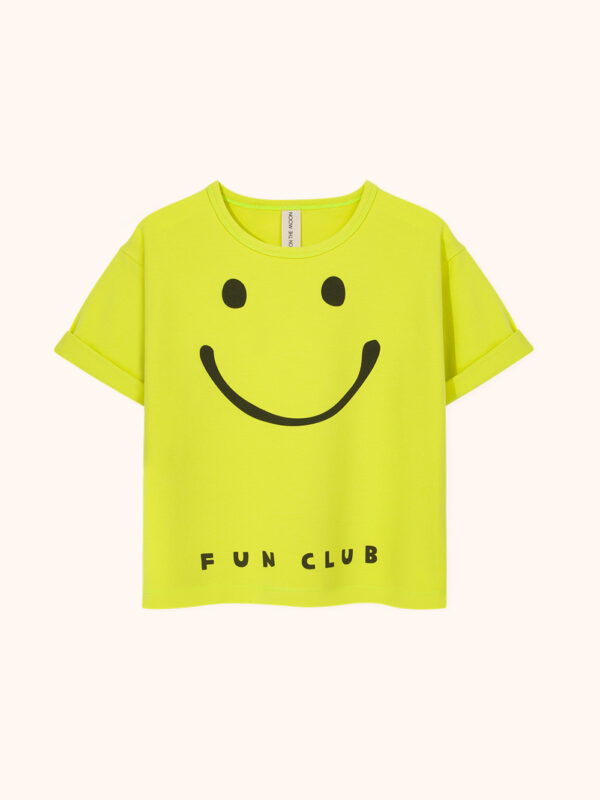 t-shirt dziecięcy w kolorze neonowym, kolor neon, koszulka dla dziecka bawełniana, żółta, z nadrukiem smile, z nadrukiem usmiechu