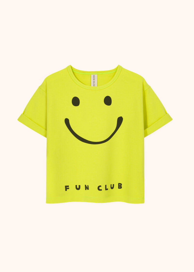t-shirt dziecięcy w kolorze neonowym, kolor neon, koszulka dla dziecka bawełniana, żółta, z nadrukiem smile, z nadrukiem usmiechu
