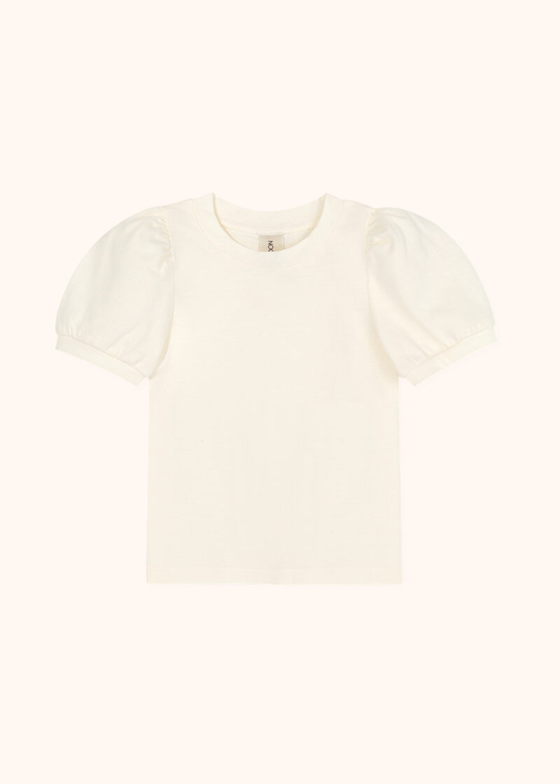 dzianinowa bawełniana bluzka dla dziewczynki, z krótkim rękawem, z bufkami, dziecięca koszulka bezowa, ecru