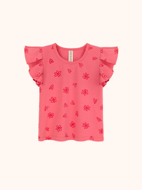 bluzka z falbankami, koralowa bluzka dzianinowa dla dziewczynki, t-shirt z falbankami, malinowy, różówy z nadrukiem w kwiatki