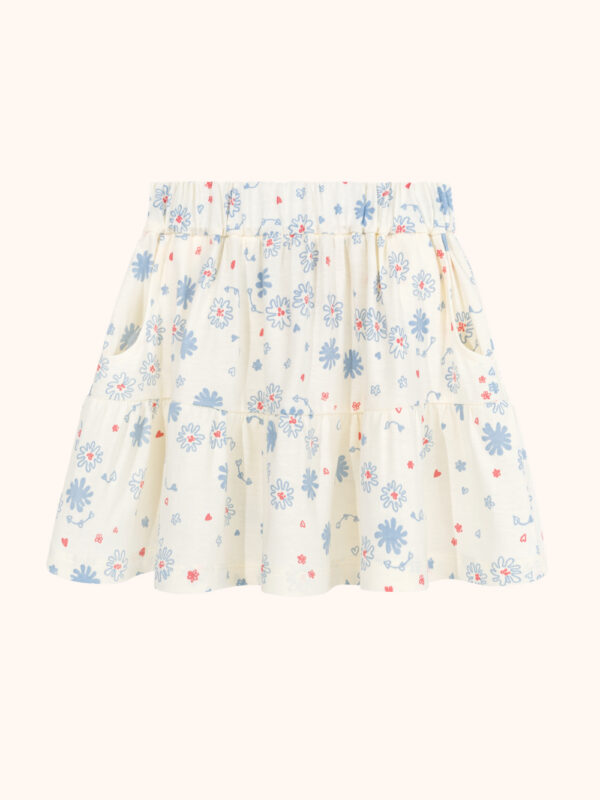 spódniczka dzianinowa dla dziewczynki, z falbaną, w niebieski kwiatki, bawełniana 100%, spódnica przed kolana