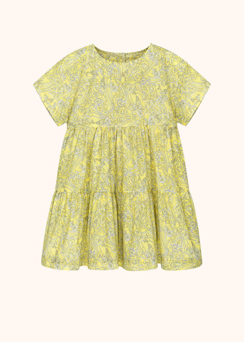 dziecięca sukienka z falbanami we wzór paisley, żółta sukienka kaskadowa z motywem Paisley, bawełniana sukienka dziewczęca do kolan