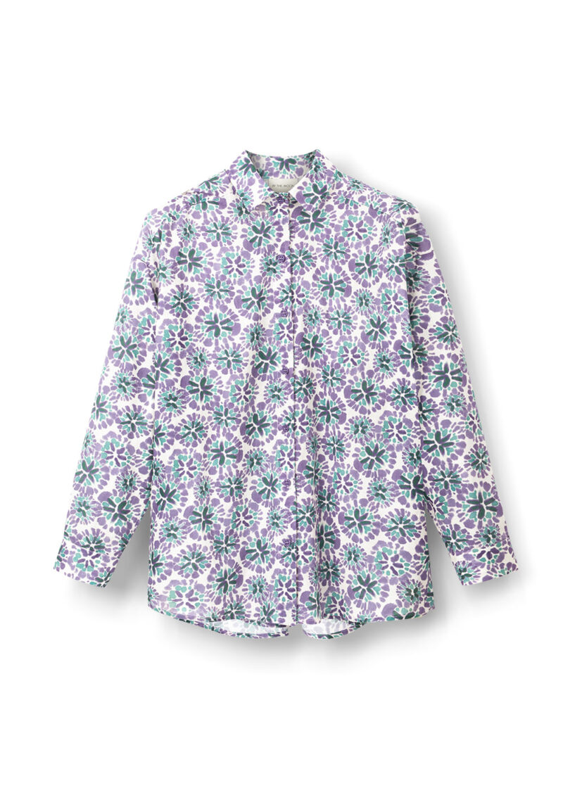 damska koszula zapinana na guziki, bawełniana, 100% bawełna, fioletowa, fioletowo-zielony wzór kwiatowy
