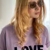 fioletowy t-shirt dla kobiet, czarny nadruk love, bawełniany, damski