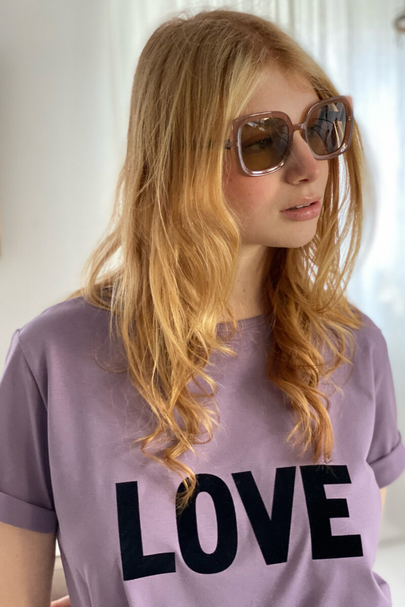 fioletowy t-shirt dla kobiet, czarny nadruk love, bawełniany, damski