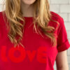 czerwony damski t-shirt bawełniany, z nadrukiem flock, love, na walentynki