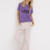 damski t-shirt fioletowy, purpurowy, z czarnym nadrukiem love, koszulka damska, fioletowa, flock