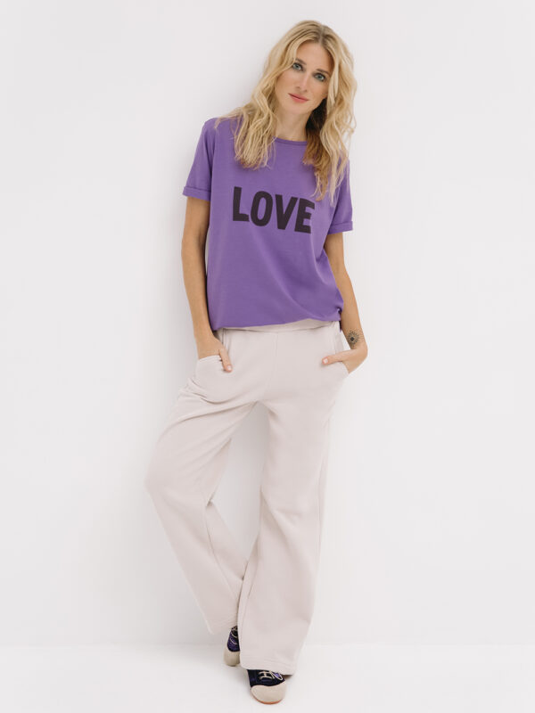 damski t-shirt fioletowy, purpurowy, z czarnym nadrukiem love, koszulka damska, fioletowa, flock