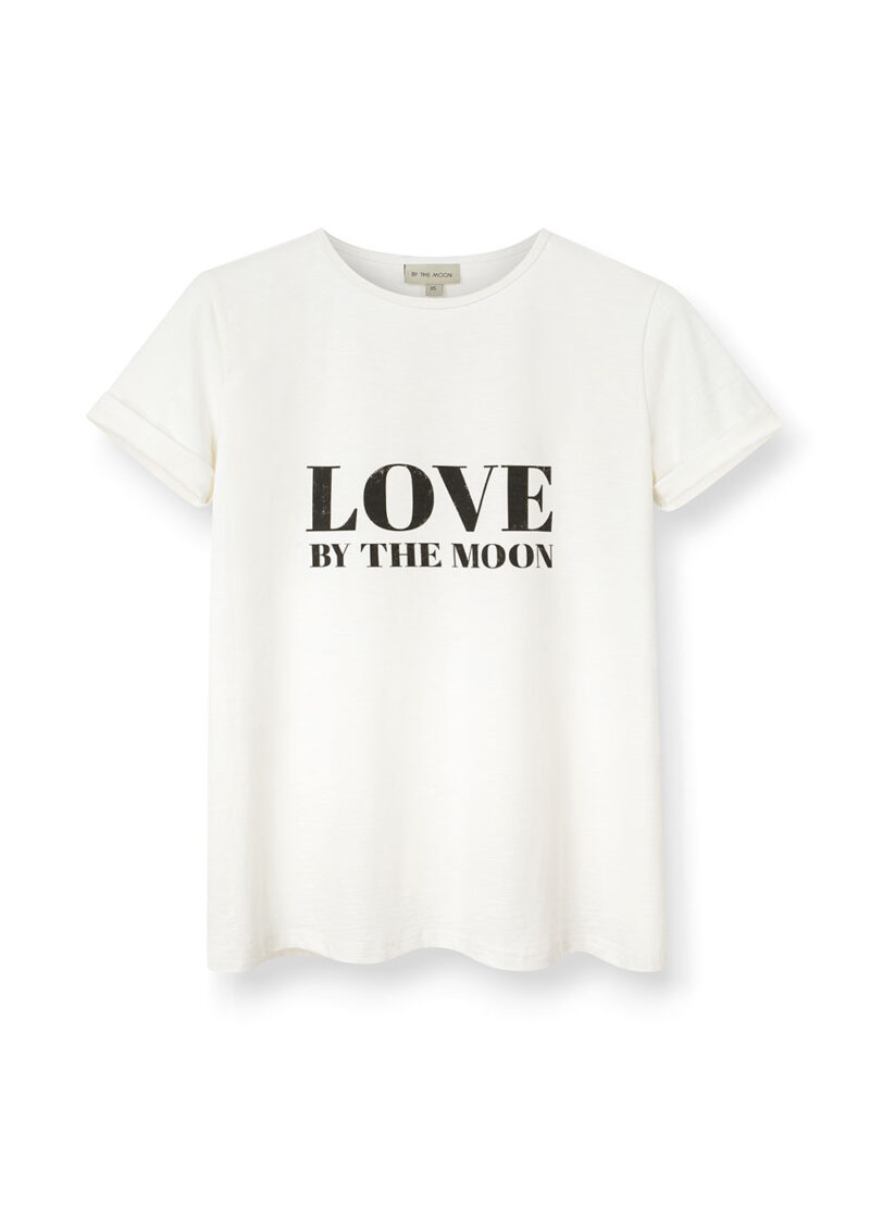 biały damski t-shirt, bawełniany, z nadrukiem LOVE by the moon, biała koszulka damska z krótkim rękawem