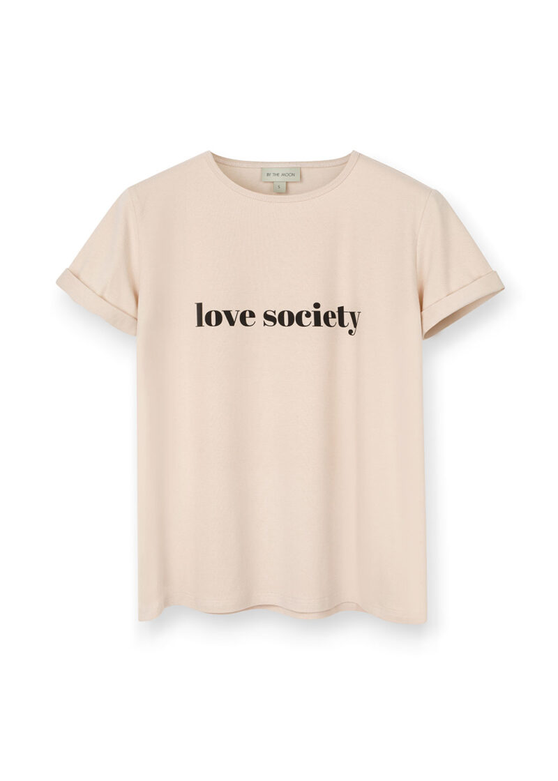 kremowy, damski t-shirt , ecru, beżowy, bawełniany, z napisem love society, z nadrukiem, z koszulka damska krótkim rękawem