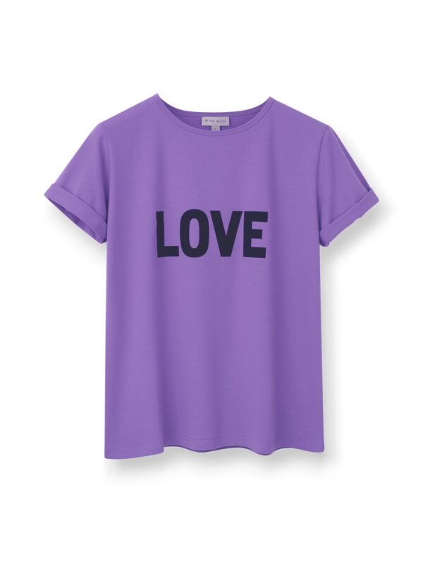 fioletowy damski t-shirt, koszulka, podkoszulka, bawełniana, dzianinowa , z czarnym nadrukiem love