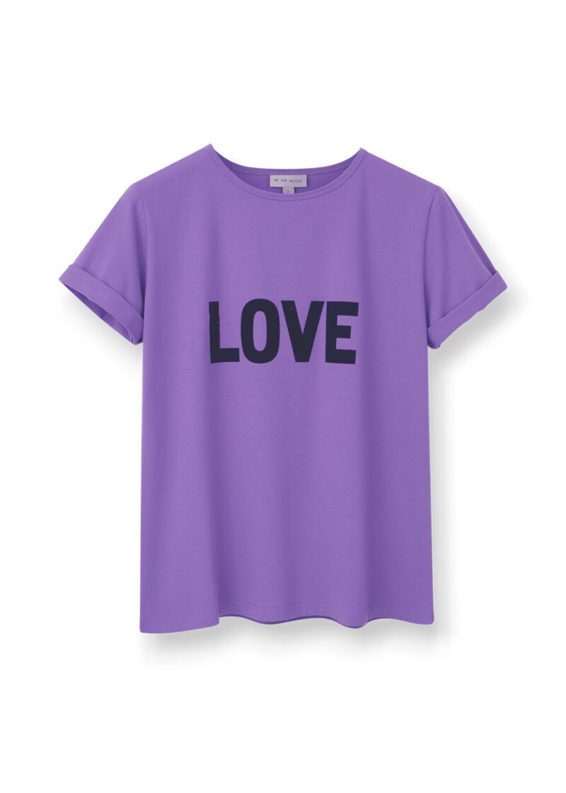 fioletowy damski t-shirt, koszulka, podkoszulka, bawełniana, dzianinowa , z czarnym nadrukiem love