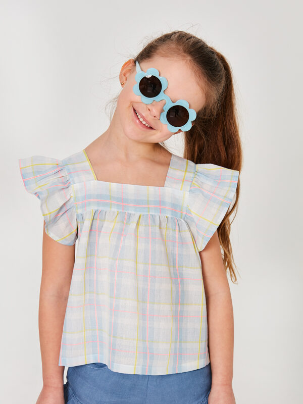 bluzka dziewczęca w kratkę neonową, z falbankami, niebieska, bawełniana, dla dziewczynki, dziecięca, bez rękawów